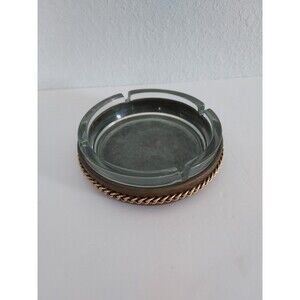 Vintage 2 Piece Glass Ashtray w/ Brass Chain Mid-Century Modern Made in England